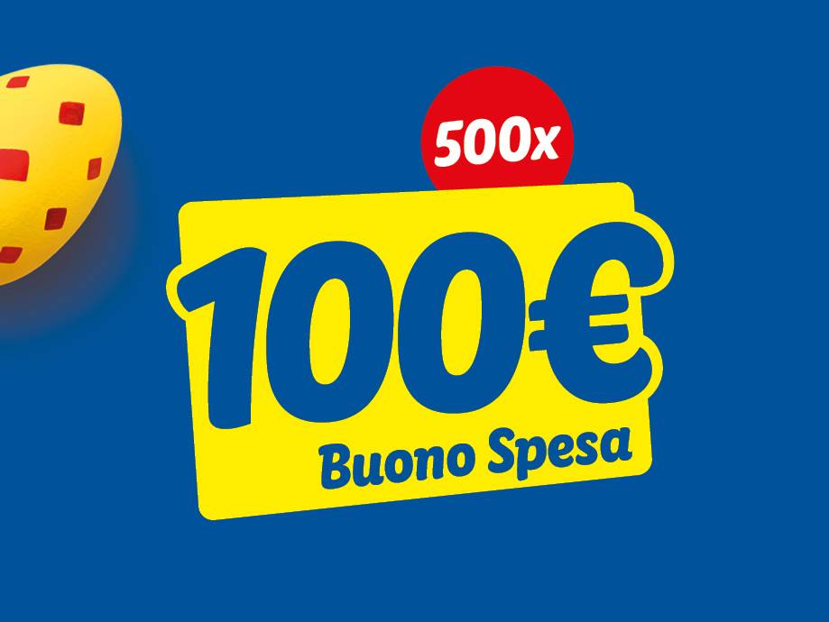 Un buono spesa giallo da 100 euro con la scritta 'Buono Spesa' e un'indicazione '500x' in rosso.