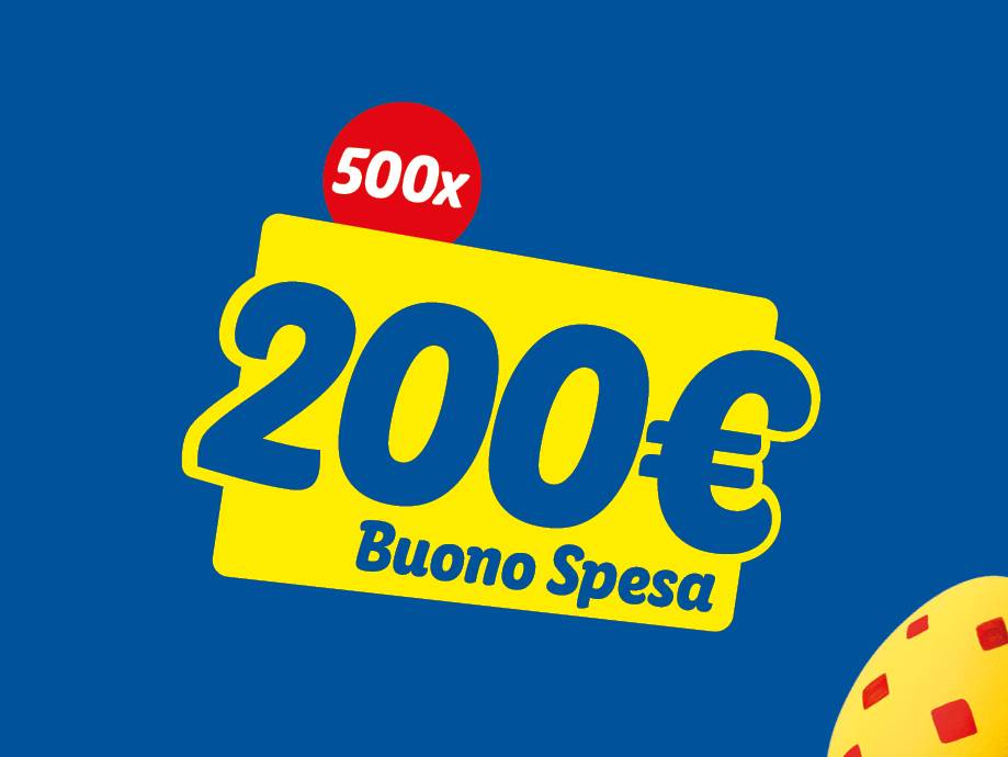 500 buoni spesa da 200€ su sfondo blu.