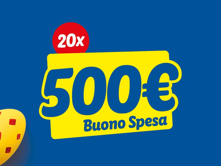 Un buono spesa da 500€, con 20 buoni disponibili, su sfondo blu.