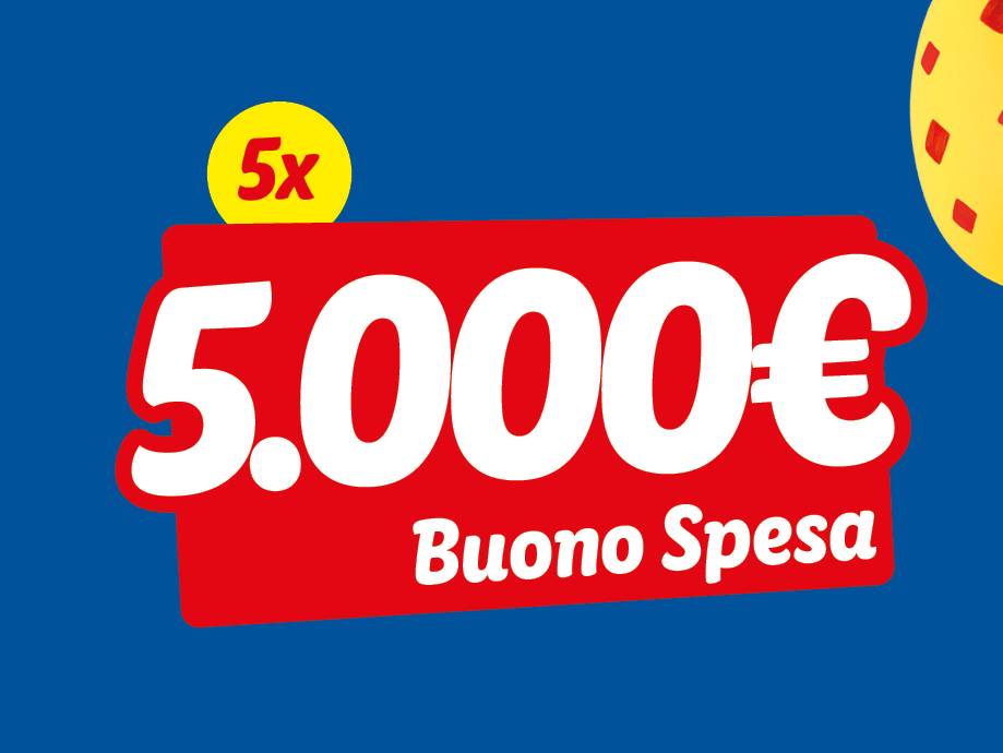 5x 5.000€ Buono Spesa su sfondo blu.