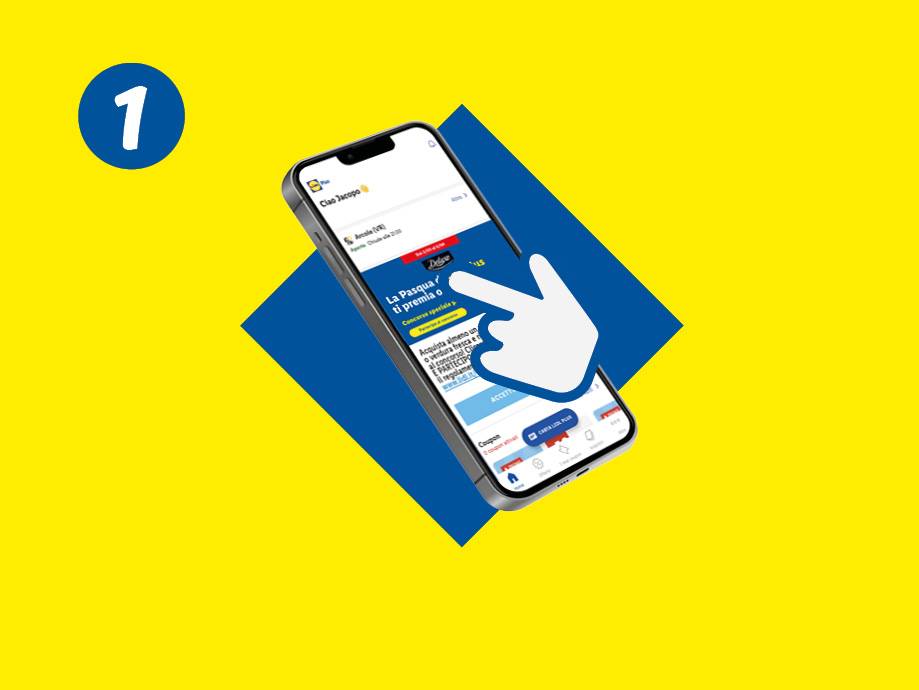 Smartphone con app che promuove un concorso di Pasqua, con un dito che clicca su 'ACCETTA'.