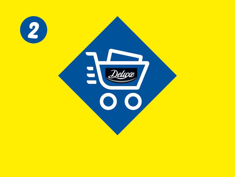 Carrello della spesa con la scritta 'Deluxe' e il numero 2 su sfondo giallo.