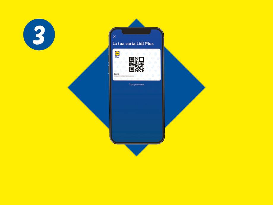 Un telefono mostra la carta fedeltà digitale con un codice QR, su sfondo giallo e blu con il numero 3.