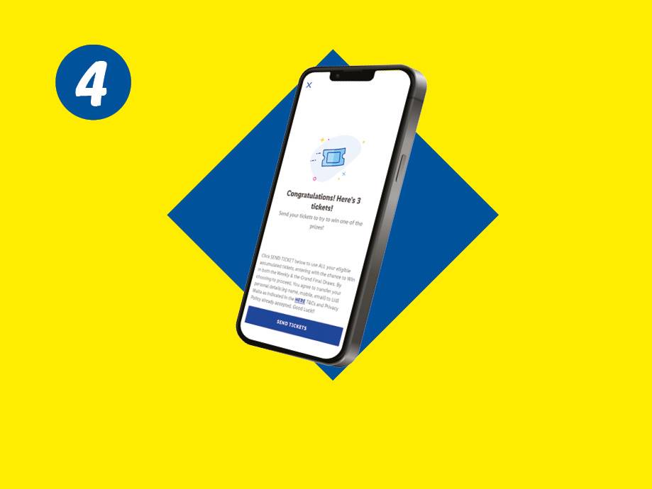 Un telefono mostra un'app con 3 biglietti, su sfondo giallo e blu con il numero 4.