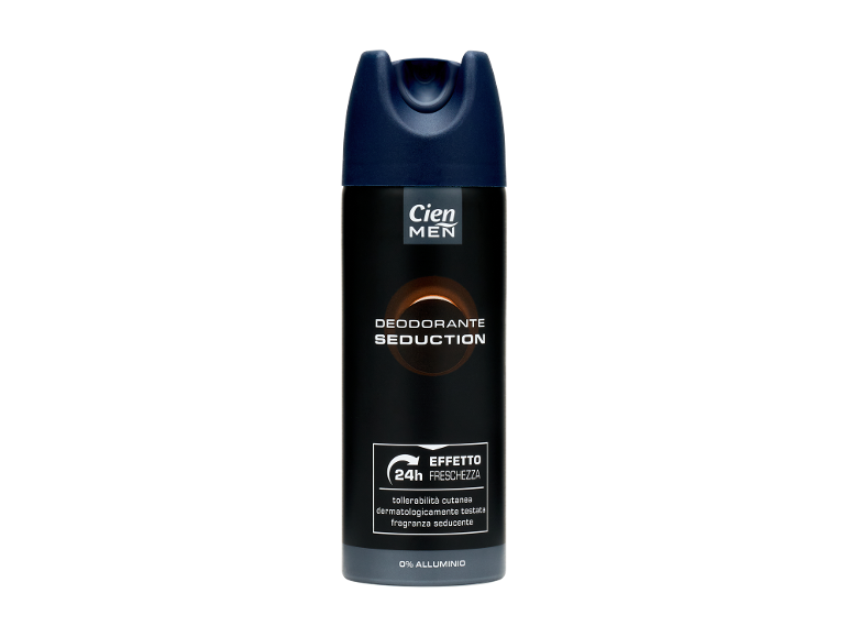 Deodorante spray uomo, 24h freschezza, tollerabilità cutanea testata, fragranza seducente, 0% alluminio.
