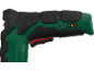 Utensile a batteria verde e nero con grilletto rosso, porta USB e indicatore di batteria.