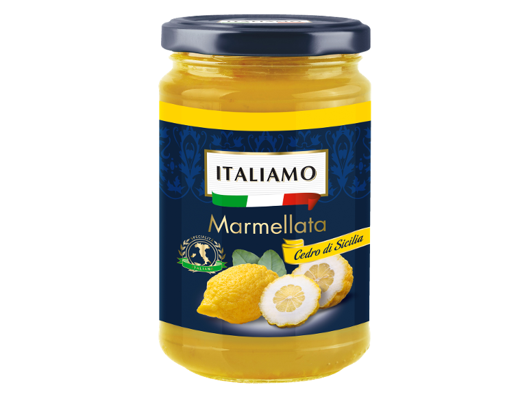 Un vasetto di marmellata di limone con la scritta «Marmellata Cedro di Sicilia» e limoni.