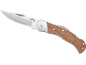 Coltello pieghevole con manico in legno e lama in metallo.