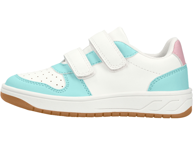 Sneakers per bambini bianche e turchesi con chiusura a strappo e suola in gomma.