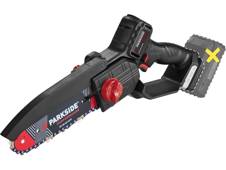 Mini motosega a batteria con manopola di regolazione rossa e contorno della batteria.
