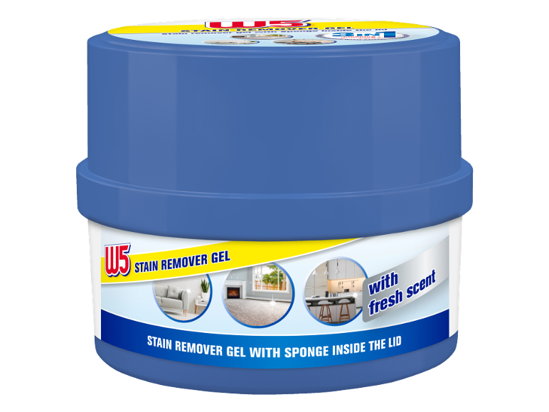 Vasetto blu di gel smacchiatore con spugna e profumo fresco.