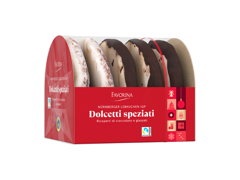 Biscotti pan di zenzero natalizi, metà ricoperti di cioccolato e metà glassati, in una scatola rossa festiva.