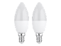Due lampadine LED bianche a forma di candela con attacco a vite.