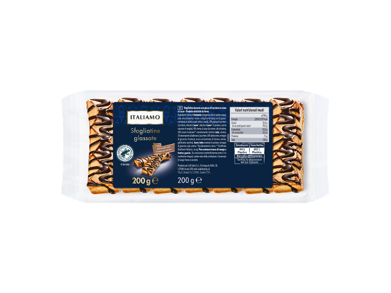 Sfogliatine glassate con crema al cacao, con informazioni nutrizionali e di riciclo.