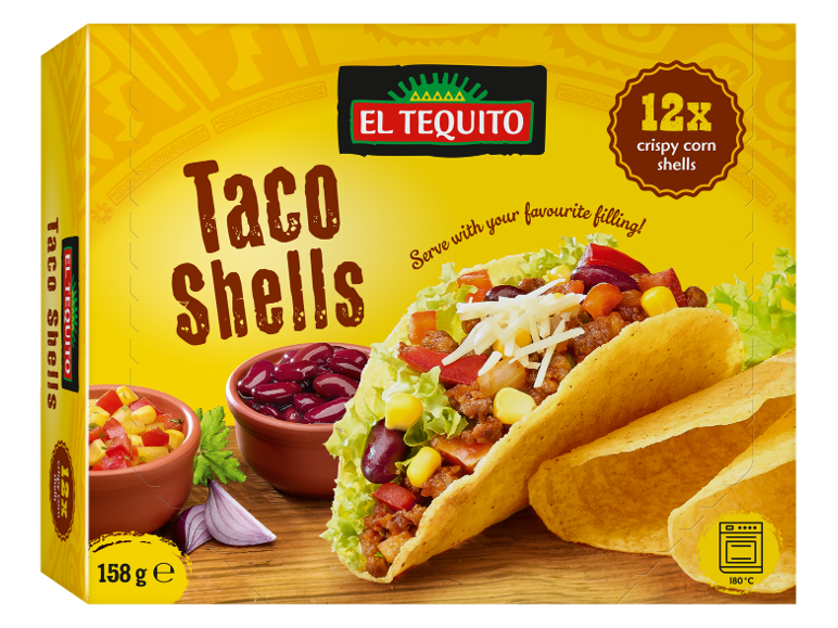 Scatola di gusci di taco di mais croccanti con ripieno, 12 pezzi, 158 g.