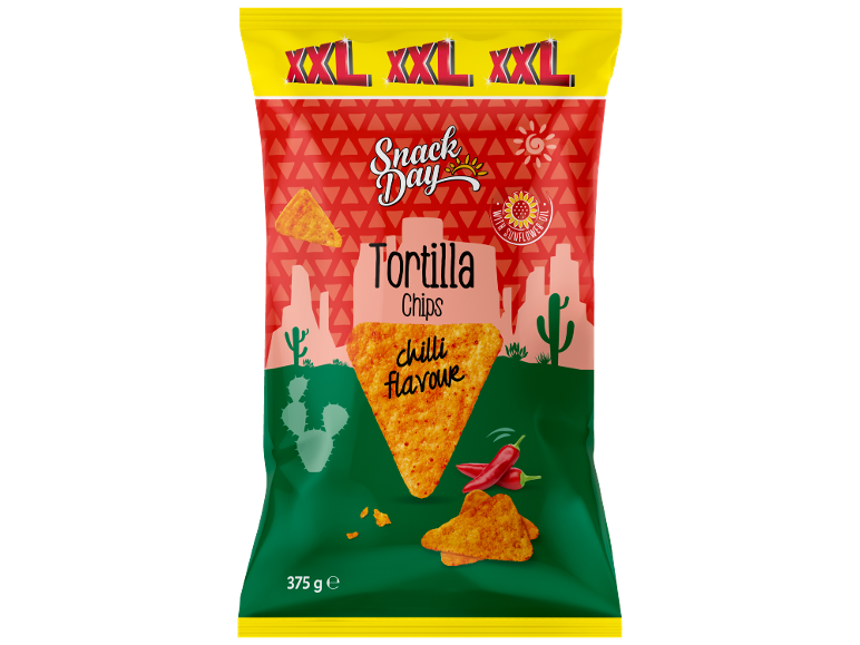 Grande sacchetto di tortilla chips al peperoncino, con tema deserto e cactus.