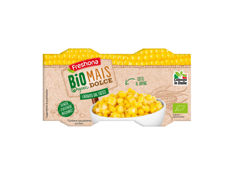 Confezione di mais dolce biologico, cotto al vapore, senza zuccheri aggiunti.