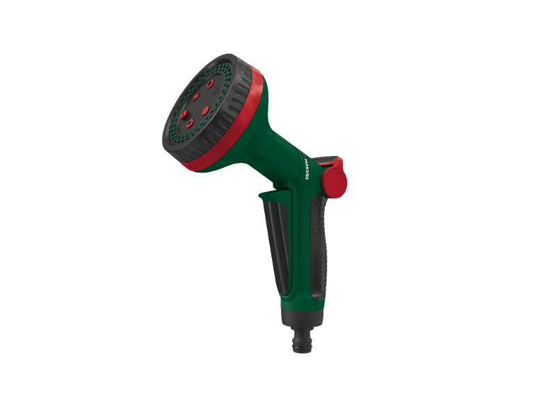 Pistola a spruzzo da giardino verde con dettagli rossi e neri.