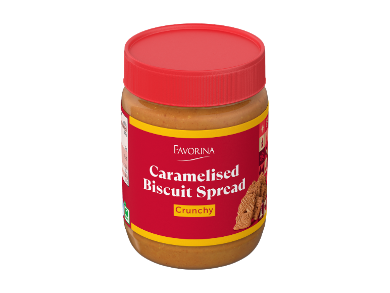 Vasetto di crema spalmabile di biscotti caramellati, croccante, con coperchio rosso.