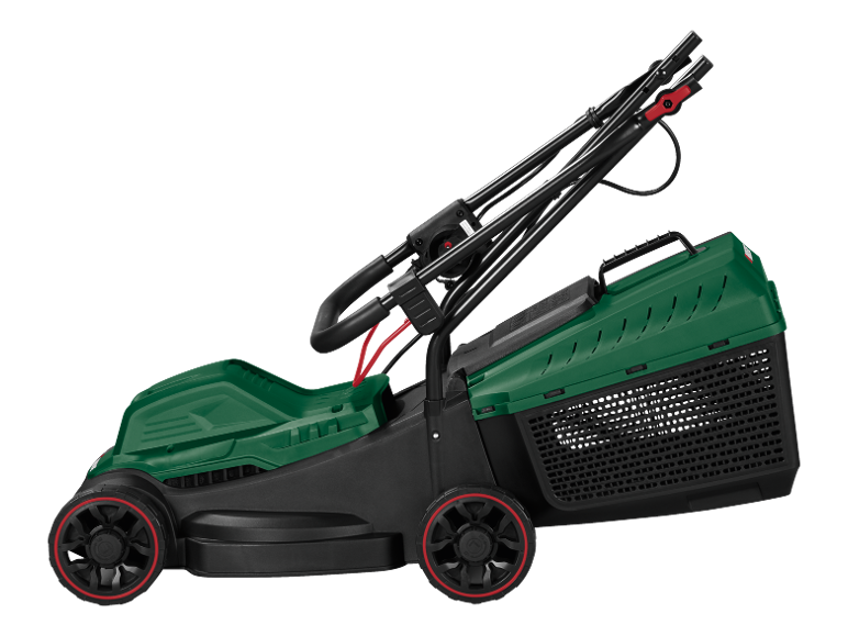 Tosaerba elettrico verde e nero con cesto di raccolta e accenti rossi.