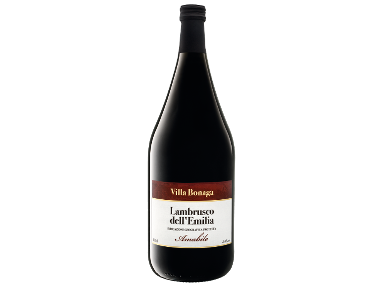 Bottiglia di vino rosso con etichetta che recita 'Lambrusco dell'Emilia Amabile'.