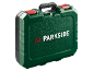Valigetta portautensili verde con chiusure rosse e manico nero.