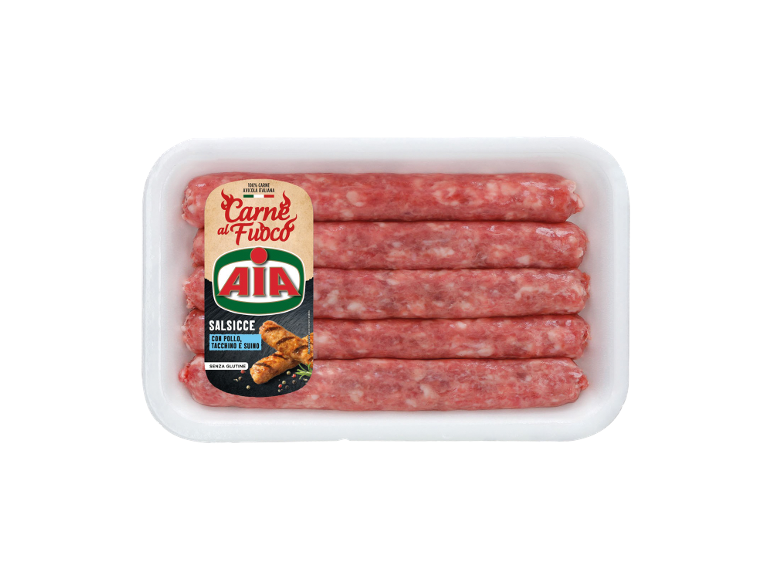 AIA Carne al Fuoco Salsicce con pollo, tacchino e suino, senza glutine.