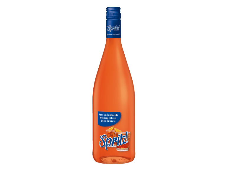 Bottiglia di bevanda arancione con tappo blu, con testo 'Spritz! Aperitivo ready to drink' e 'Aperitivo classico della tradizione italiana, pronto da servire'.
