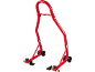 Cavalletto rosso per moto con ruote e supporti regolabili.