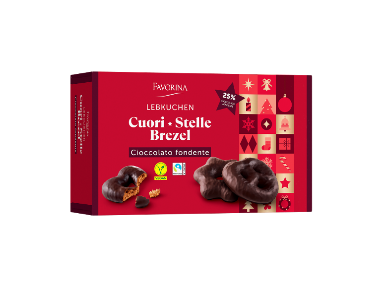 Scatola rossa di cuori, stelle e pretzel di pan di zenzero ricoperti di cioccolato, con icone natalizie.