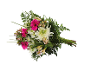 Mazzo di fiori con gerbere rosa, crisantemi bianchi e alstroemerie.