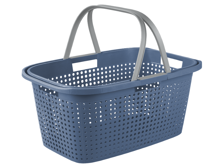 Cesto della spesa in plastica blu con manici grigi.