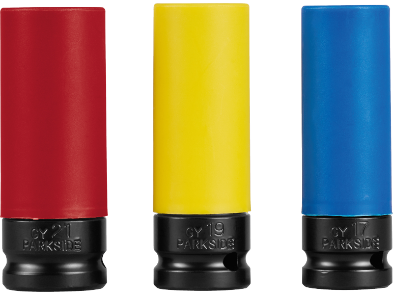 Tre bussole a impatto colorate (rosso, giallo, blu) con misure 21, 19 e 17.