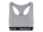 Reggiseno sportivo grigio con fascia elastica nera con logo.