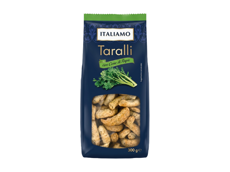 Busta di taralli con cime di rapa, con una finestra che mostra i taralli.