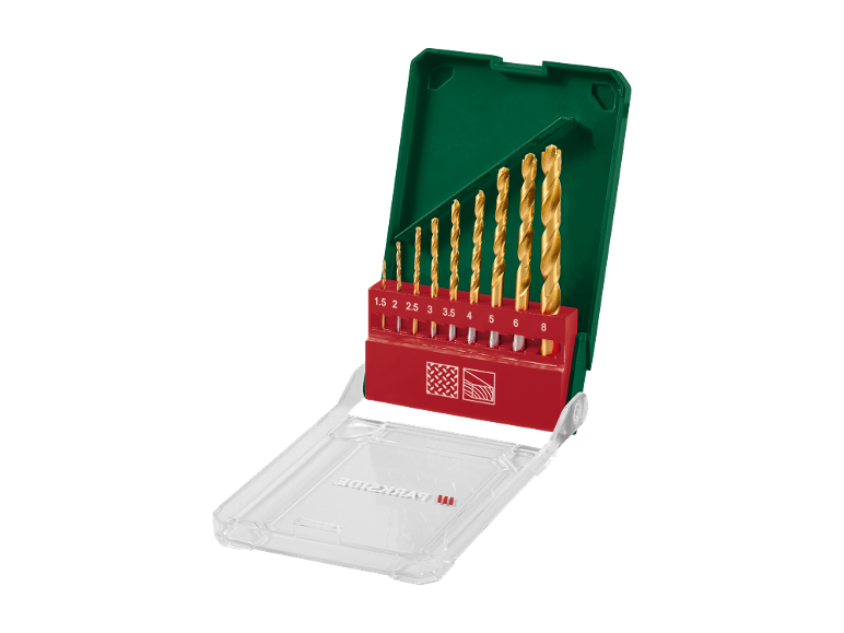 Set di punte da trapano dorate per metallo in un supporto rosso con misure da 1.5 a 8 mm, in una custodia verde aperta.
