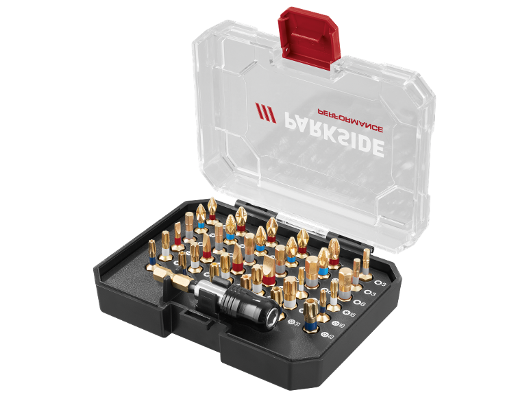 Set di punte per cacciavite dorate con supporto magnetico in una custodia trasparente.