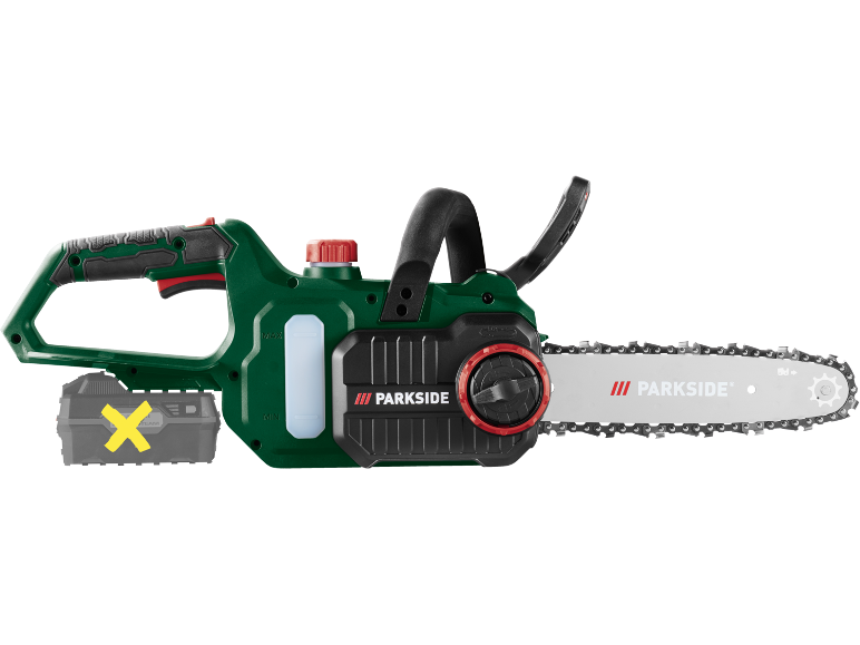 Motosega a batteria con batteria rimovibile e serbatoio dell'olio visibile.