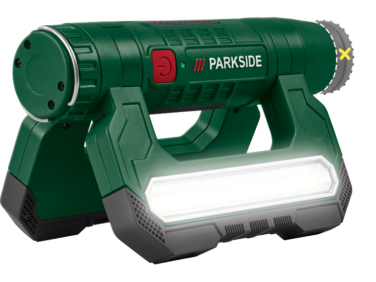 Lampada da lavoro LED verde con faretto e luce a pannello, con maniglia integrata.