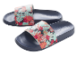 Ciabatte blu navy con vivace motivo floreale tropicale.