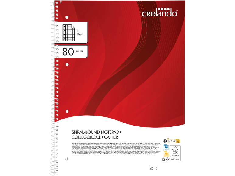 Blocco a spirale A4, 80 fogli a quadretti con bordo, 70 g/m².