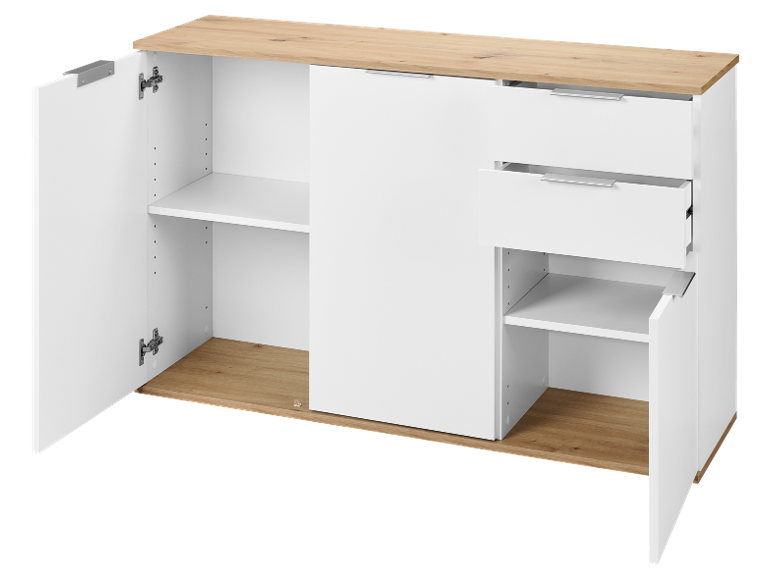 Credenza bianca con piano in legno, ante aperte e cassetti estraibili.