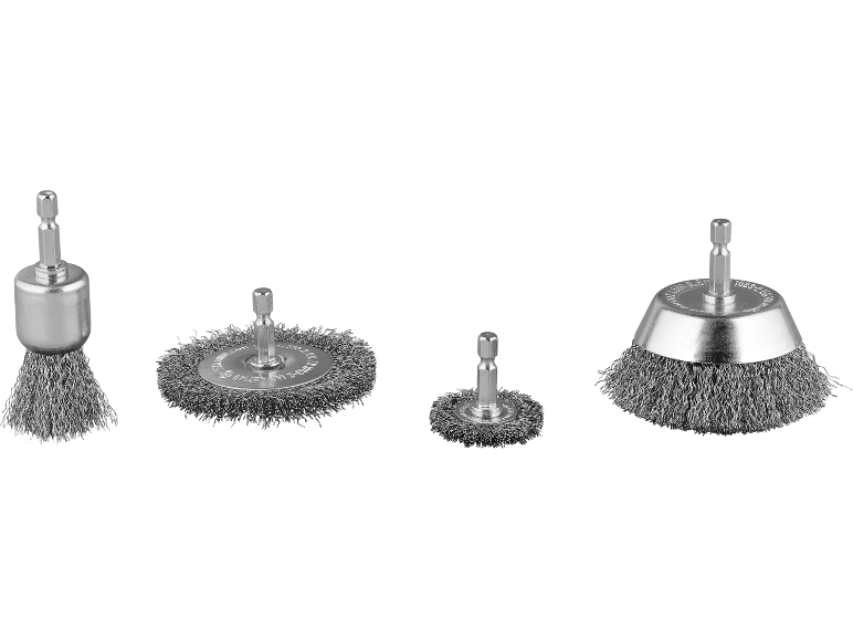 Set di spazzole metalliche per trapano, inclusi spazzole a tazza e a disco.