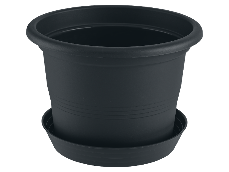 Vaso da fiori in plastica nera con sottovaso