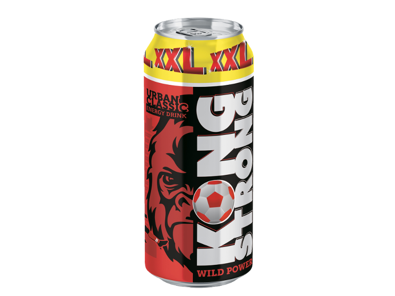 Lattina di energy drink con testo XXL, motivo gorilla e pallone da calcio.