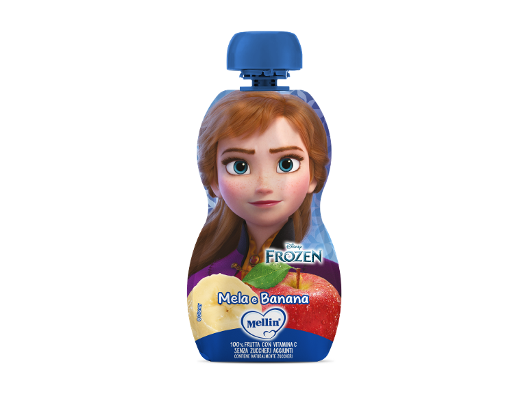 Bustina di frutta mela-banana con Anna di Frozen.