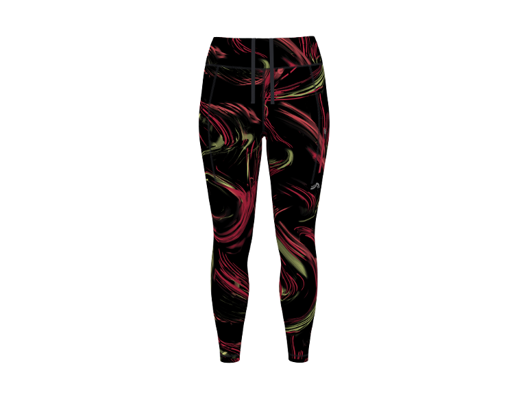 Leggings sportivi neri con stampa astratta rossa e gialla