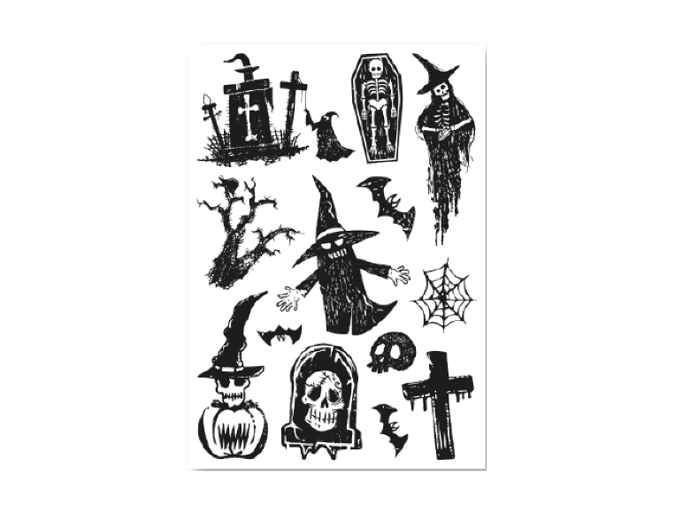Adesivi neri LIVARNO a tema Halloween su sfondo bianco.