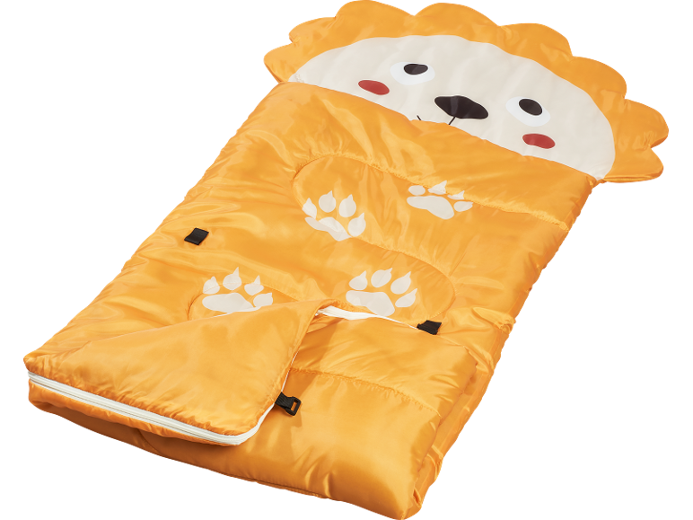 Sacco a pelo arancione per bambini con design a leone e stampe di zampe.