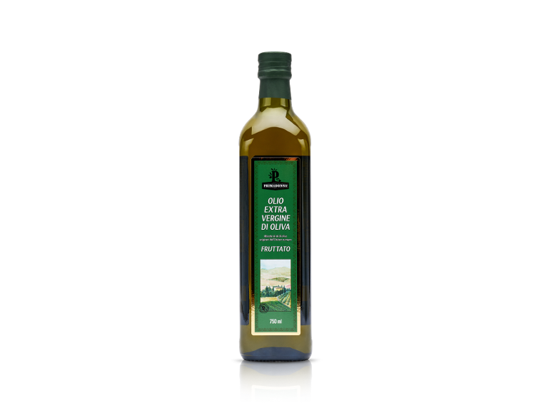 Bottiglia di olio extra vergine di oliva con etichetta 'FRUTTATO' e 750 ml.